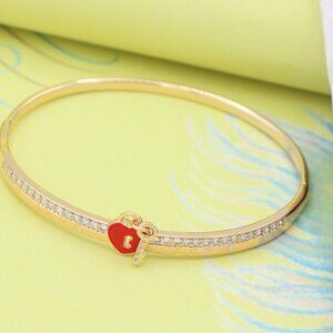 Rose Gold Bangle with Red Heart Lock and Key Charm Accent, XPBL0562